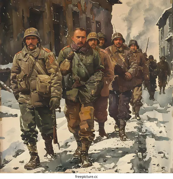 A group of soldiers walking through a snowy street