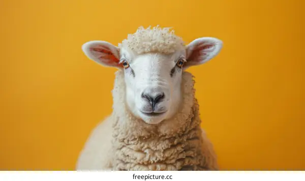 Close-up portrait of a white sheep against a yellow background
