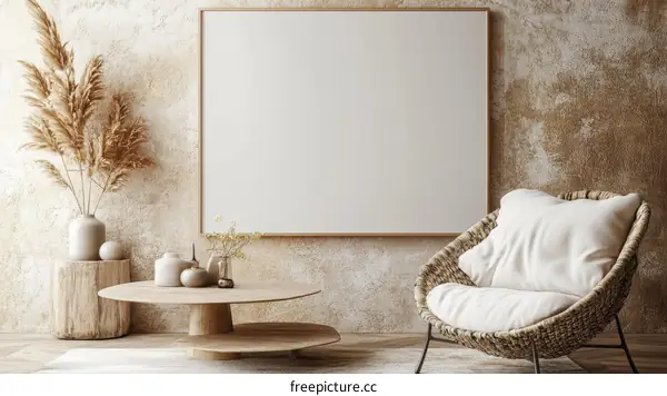 Bohemian Style Living Room Mockup with Empty Frame