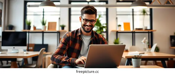 Smiling Man Working on Laptop in Office
