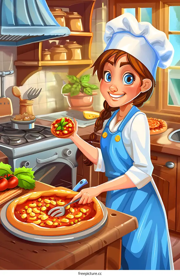Smiling Female Chef Making Pizza in a Kitchen