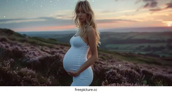 Pregnant woman standing in a field of flowers at sunset