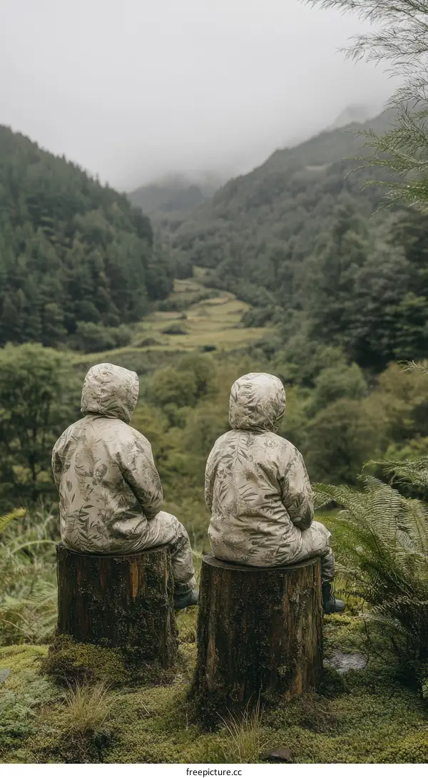 Two Figures Contemplating a Mountain Valley Scenery
