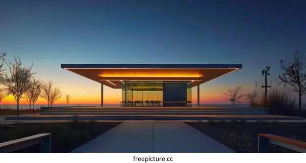 Modern Lakeside Pavilion at Dusk