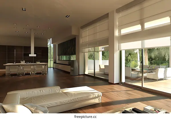 Modern Living Room Interior Design with Large Windows and White Blinds