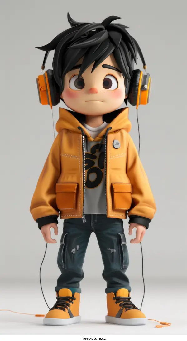 3D illustration of a boy wearing a yellow jacket and headphones