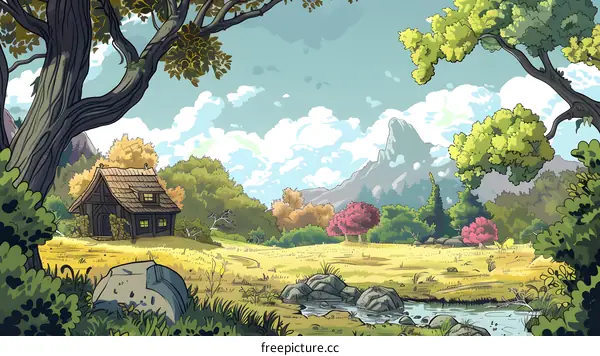 Fantasy Landscape with Cottage and Mountains