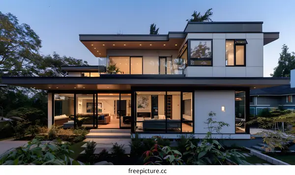 Modern Minimalist House Exterior Design with Large Windows and a Patio
