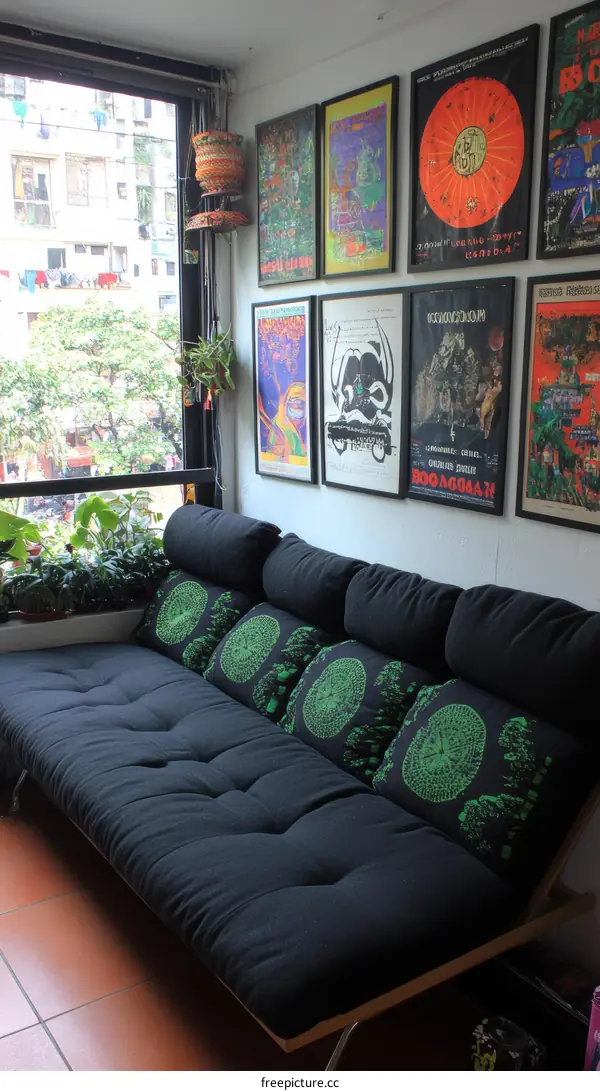 Stylish Corner Sofa with Colorful Posters