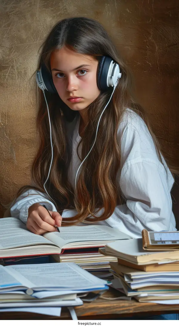 Teenage girl studying with headphones on