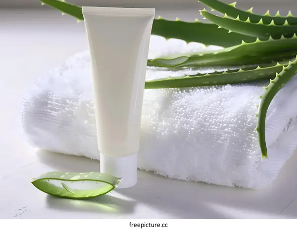 Aloe Vera Cream on White Towel with Leaves