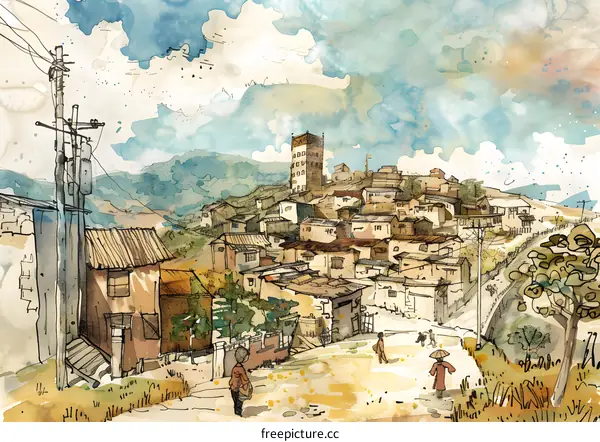 Watercolor Illustration of a Small Village with Buildings and People