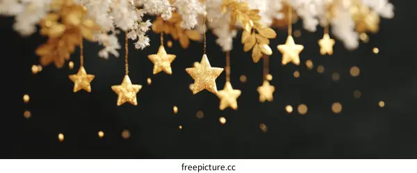 Golden Stars Hanging Decorated on Dark Background