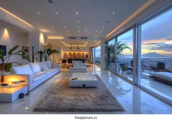 Modern apartment interior with white sofa and large windows