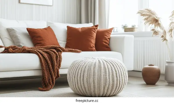 Modern Cozy Living Room Decor with Knitted Pouf
