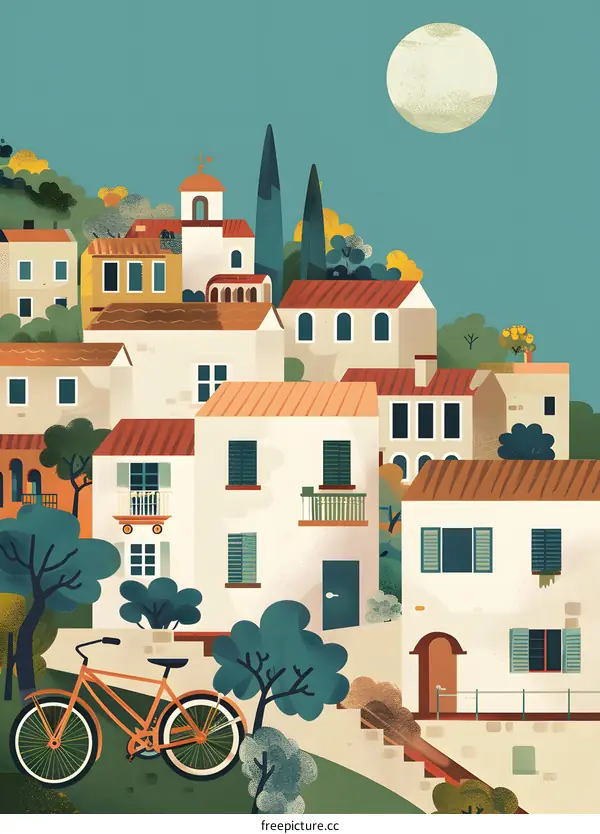 Illustrated Nighttime European Village Landscape with a Bicycle in the Foreground