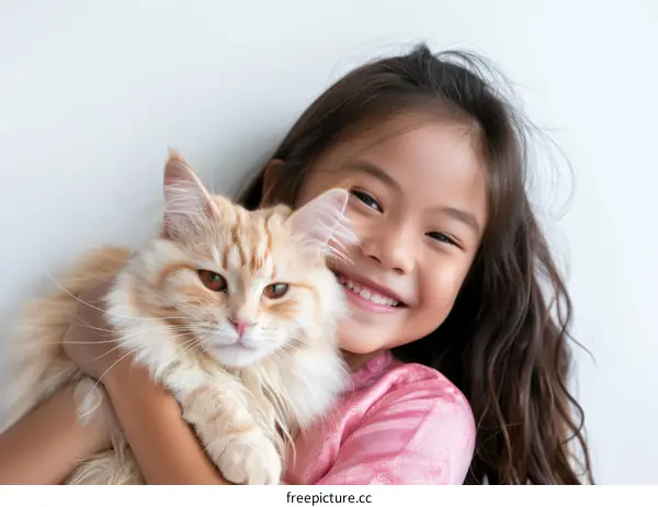 A smiling girl hugging an orange cat