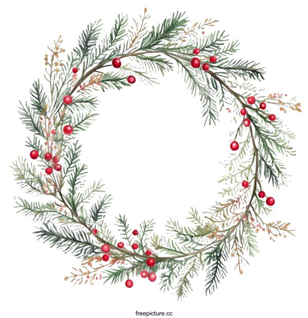 [Transparent Background PNG]Christmas Wreath Illustration with Pine Branches and Berries