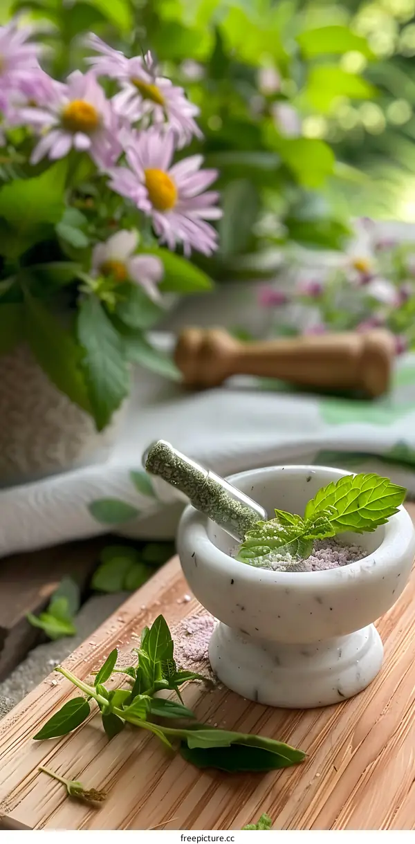 Herbal Powder in Mortar with Mint Leaves