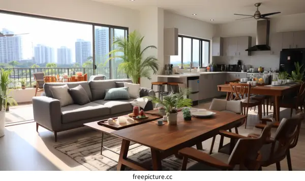 An open-concept living space with modern kitchen, dining area, and living room