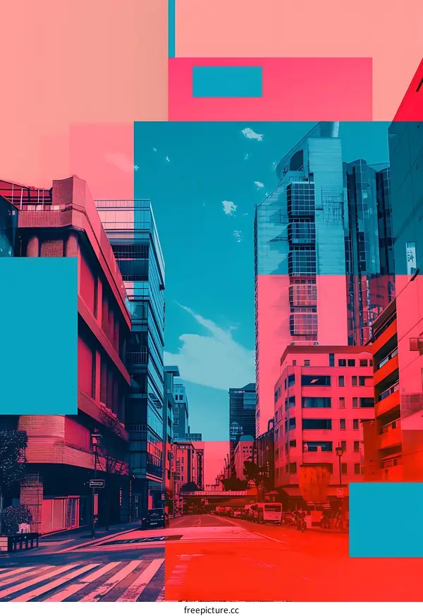 Urban Street in Tokyo With Blue and Red Color Gradient