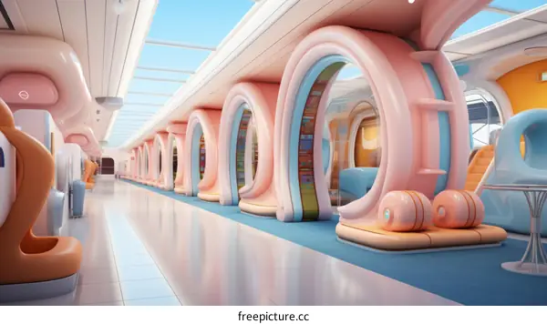 Futuristic Spaceship Interior with Curved Walls and Large Windows