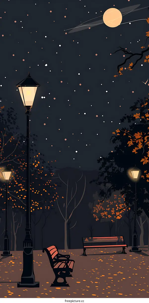 Night Park Illustration With Moon, Stars and Streetlights