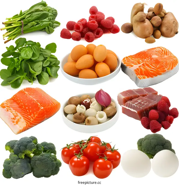 Healthy Food Collage with Salmon, Eggs, Vegetables, and Berries