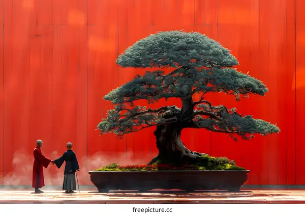 Two monks standing in front of a large bonsai tree