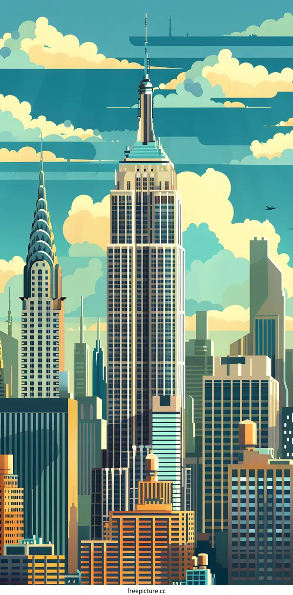 Skyline Illustration of New York City with Empire State Building and Chrysler Building