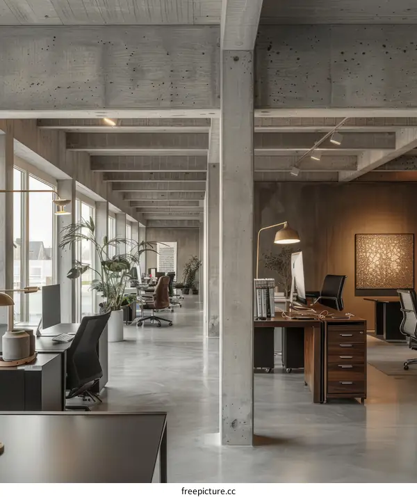 Modern Office Interior with Concrete Beams and Dark Furniture