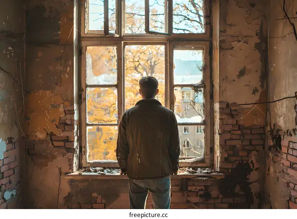 man looking out window in ruined building
