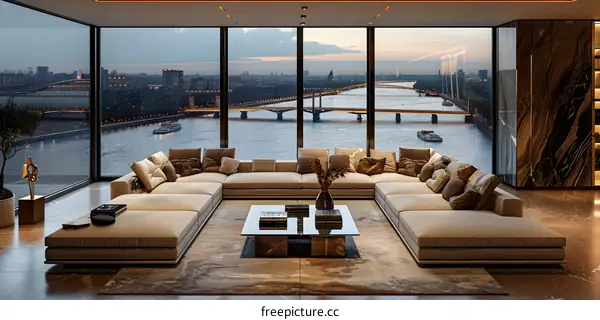 Modern Living Room with Cityscape View