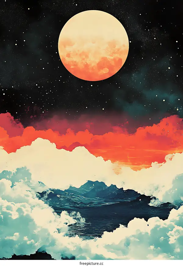 Abstract Artistic Illustration with Red and Yellow Moon in the Night Sky