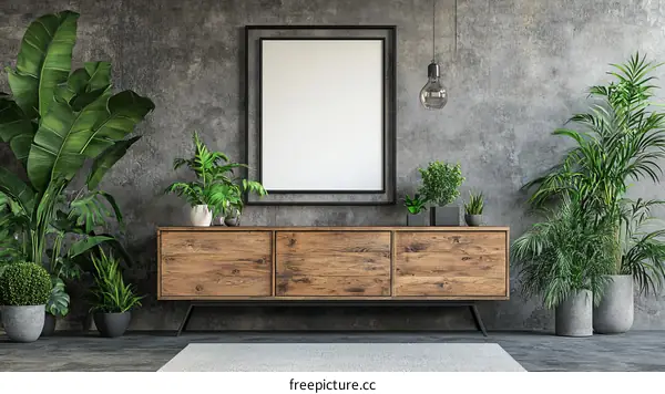 Modern Rustic Living Room with Plants and Empty Frame