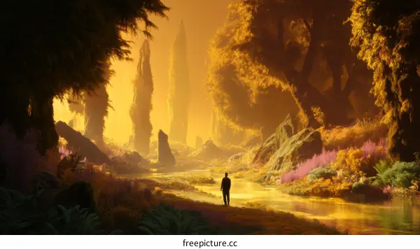 Golden Sunlight Fantasy Forest Landscape with a Silhouetted Figure