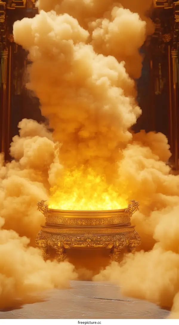Golden Incense Burner with Smoke in a Majestic Setting