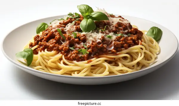 A plate of spaghetti with meat sauce and basil