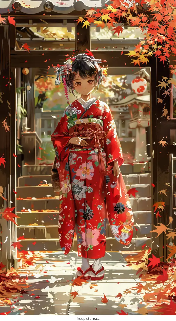 A girl wearing a kimono standing in a temple with red maple leaves falling