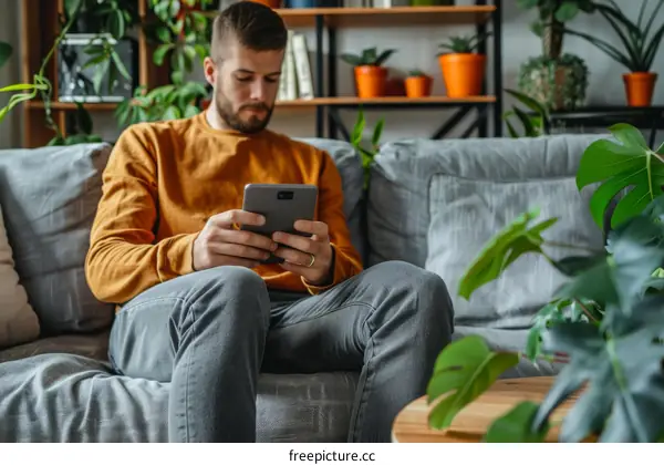 A man is sitting on a couch in a living room, looking at a tablet.