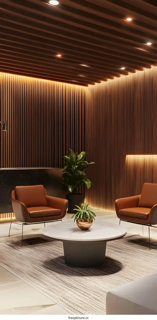 Modern Lobby Interior Design with Wooden Walls and a White Marble Coffee Table