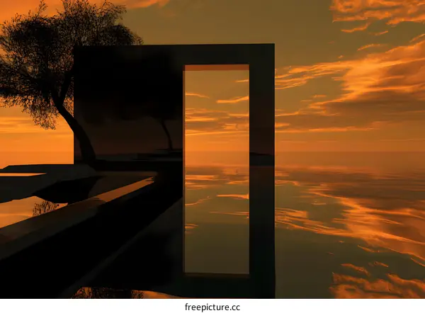 Abstract Minimalist Sunset with Gateway and Reflection