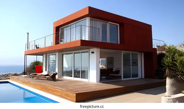 Modern Red House with Pool and Ocean View