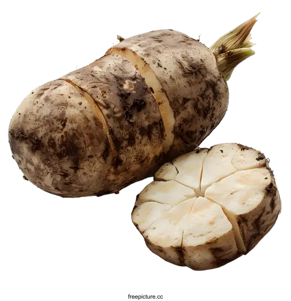 [Transparent Background PNG]A large, brown Jerusalem artichoke with a slice cut from it, showing its white interior