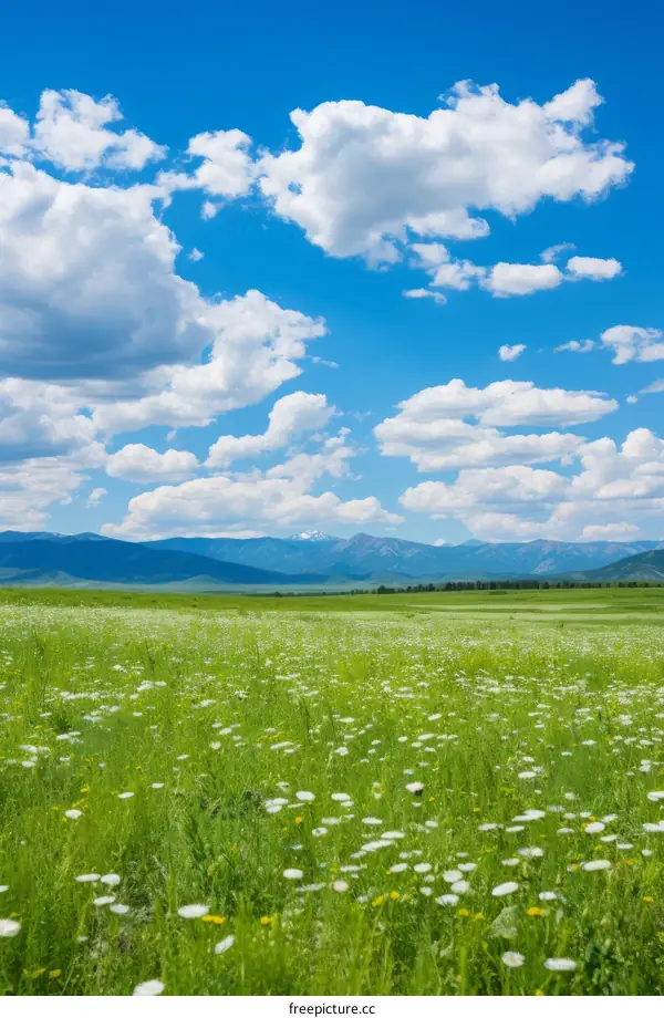 Field of flowers with mountains in the distance