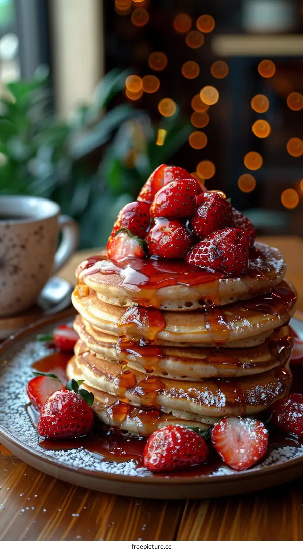Delectable Stack of Pancakes with Strawberries and Syrup