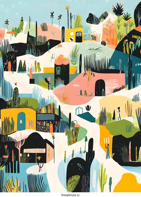 Abstract Colorful Illustration of a Village with Houses and Buildings