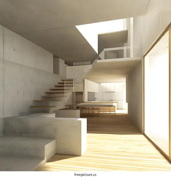 Modern Minimalist Concrete House Interior Design With Wooden Floor And Stairs