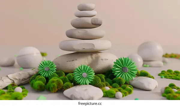Green Flowers and Stacked Stones 3D Illustration