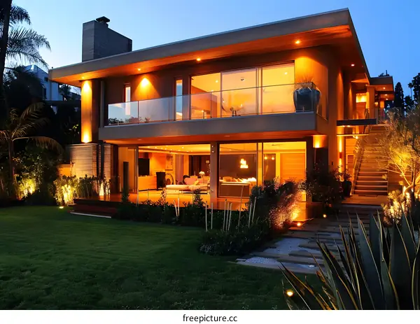 Modern House Exterior With Warm Lighting At Night